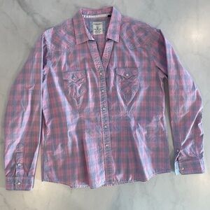Women's Pink and Blue Plaid Pearl Snap Shirt
